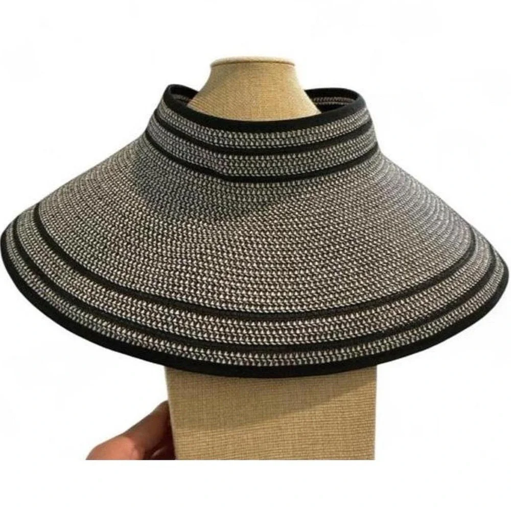 Magid Hats Sun Visor Women OS Black White Striped Bow Packable Straw